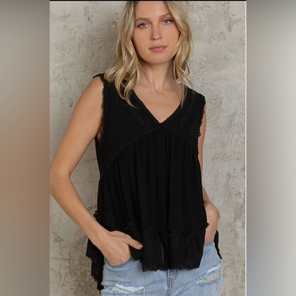 POL A- LINE SLEEVELESS LACE RUFFLE DETAIL BACK STRAP TOP #236